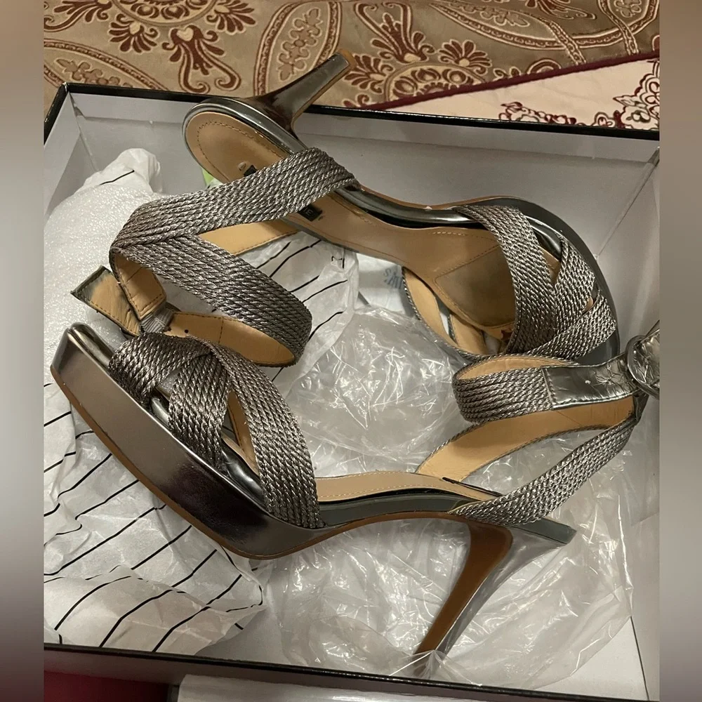 ✨ Stunning Alex Marie Silver Strappy Heels| Metallic Open Toe Sandals| Size: 8